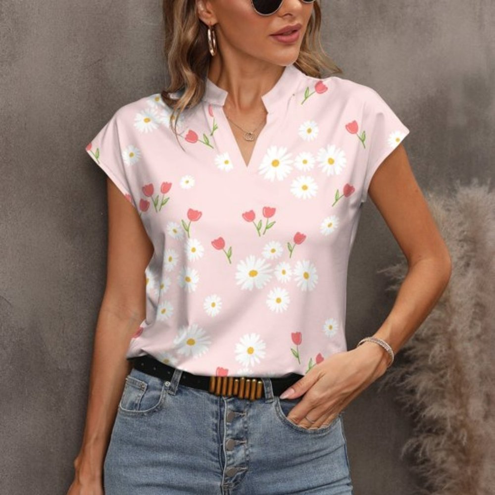 NWT! Pink & White Floral Cap-Sleeve Notch Neck Top - Women   TB1-36